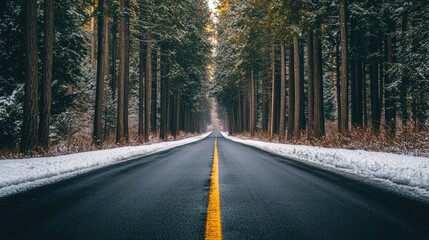 Naklejka premium A long, empty road stretching through a dense winter forest, flanked by tall trees whose branches are weighed down by snow, creating a serene and isolated scene