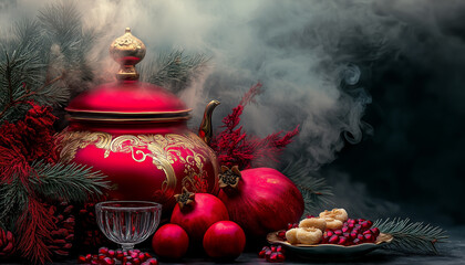 Ornate red teapot with fruits and sweets in a festive smoky setup

