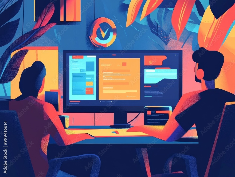 Poster motion graphics designers creating explainer videos with smooth transitions, bold colors, and custom