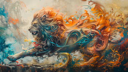 Abstract wallpaper of a tiger-lion with unique colors and background.