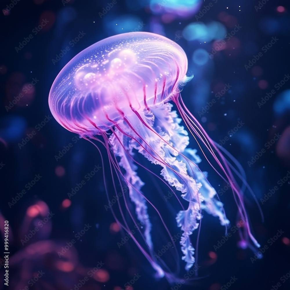 Poster a serene underwater scene featuring a jellyfish gracefully floating, with flowing tentacles illumina