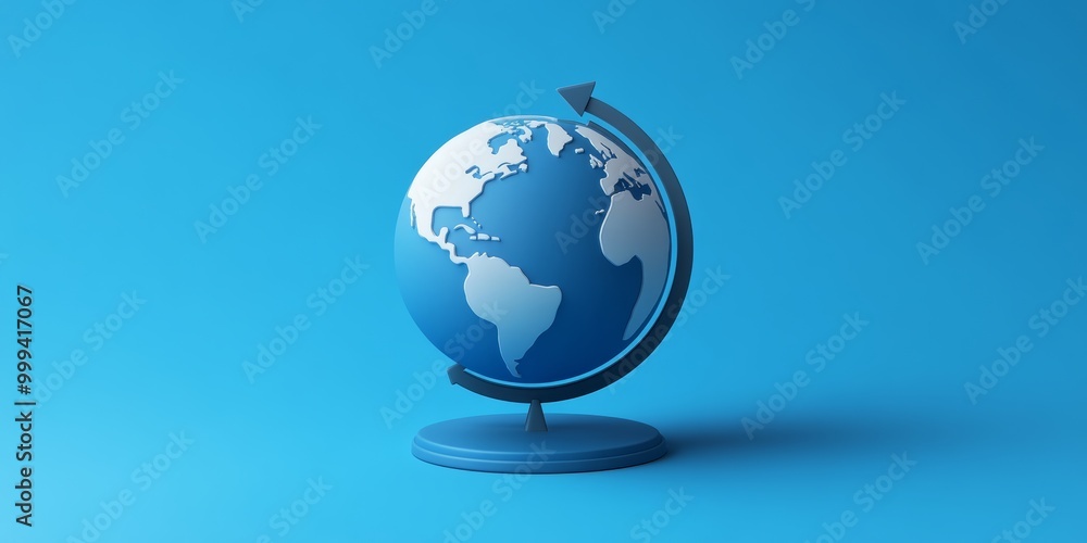 Poster a simple 3d globe icon, emphasizing the concept of navigation with directional arrows and a clean de