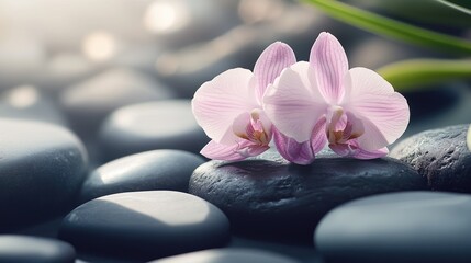 A pale pink orchid resting on smooth black stones, symbolizing relaxation and the essence of a luxurious spa.