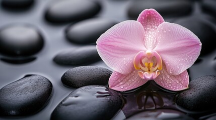 A pale pink orchid resting on smooth black stones, symbolizing relaxation and the essence of a luxurious spa.