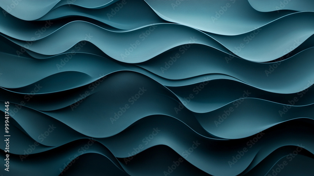 Poster layers of textured waves in shades of blue created by a flowing material in a modern design