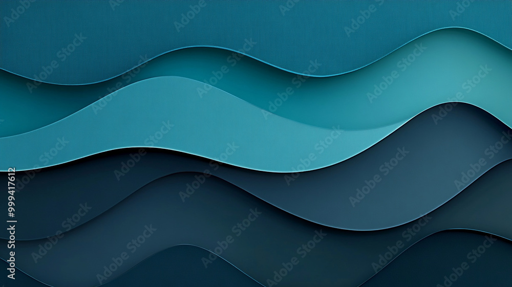 Poster abstract layered waves in varying shades of blue creating a modern design aesthetic with texture