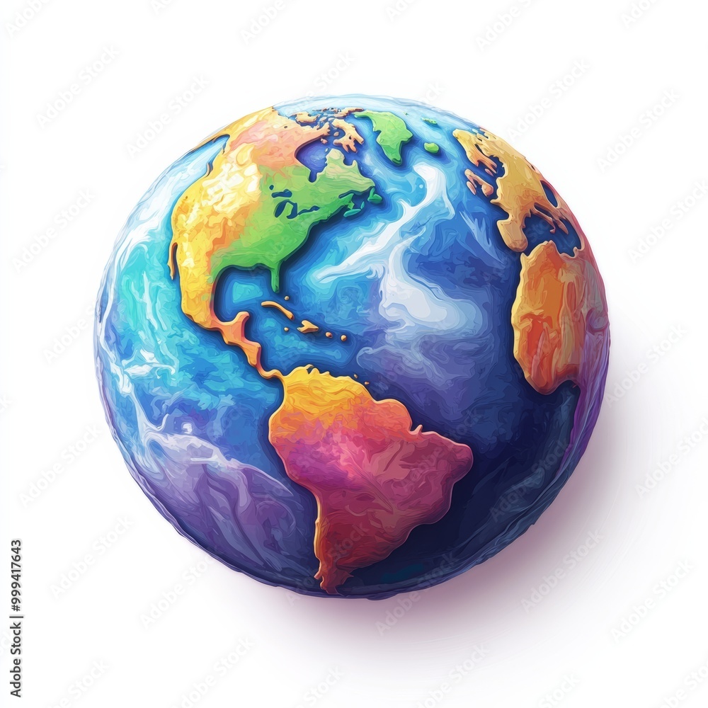 Poster a stylized earth icon with a vibrant color scheme, showcasing major continents in an artistic manner