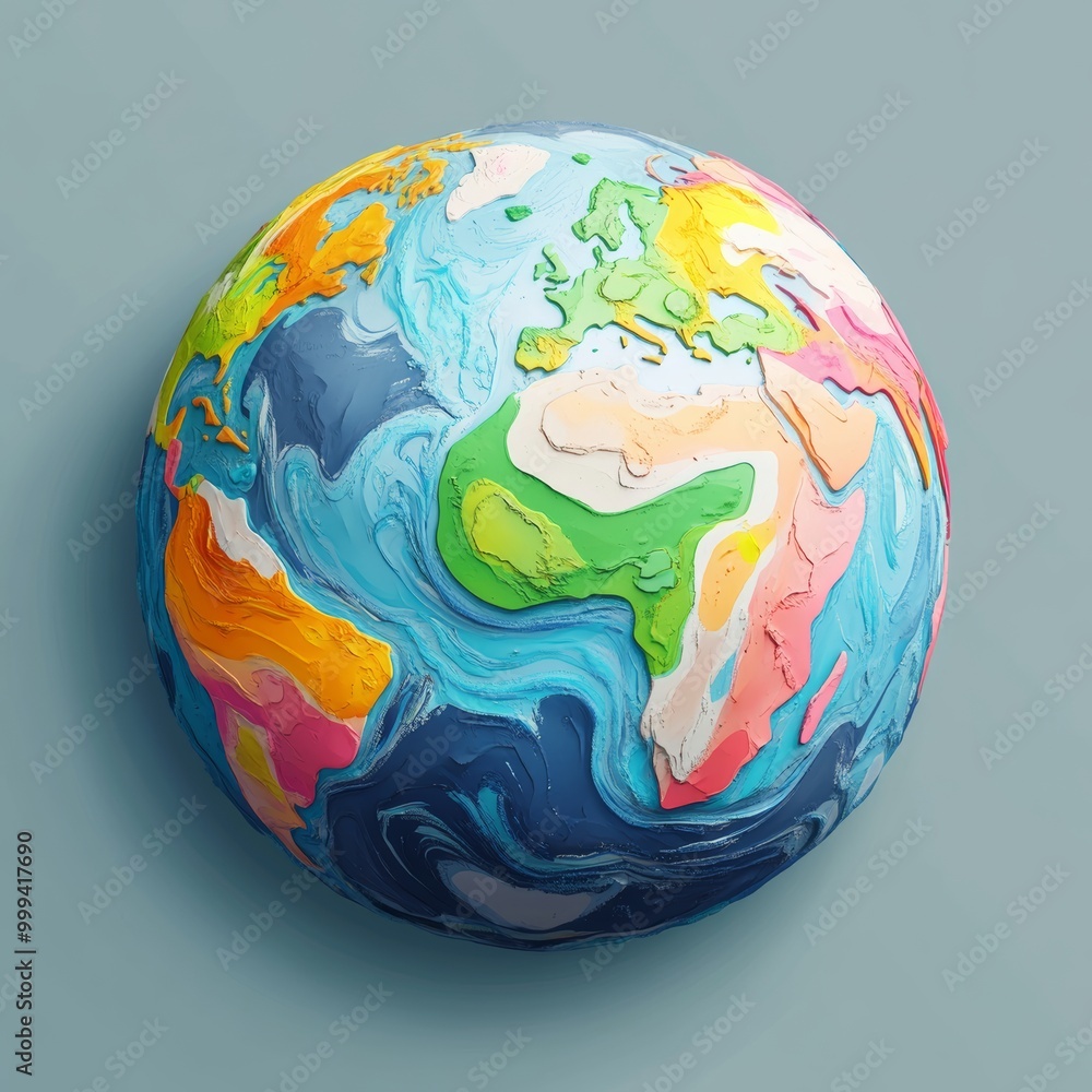 Poster a stylized earth icon with a vibrant color scheme, showcasing major continents in an artistic manner