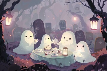 Cozy halloween tea party in a spooky graveyard setting. AI