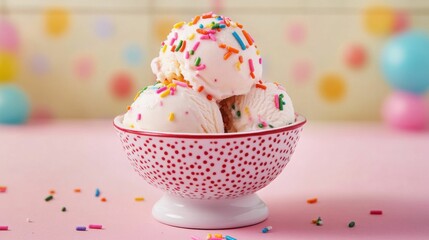 Three scoops of vanilla ice cream with colorful sprinkles served in a red polka dot bowl, set against a vibrant pink backdrop.

