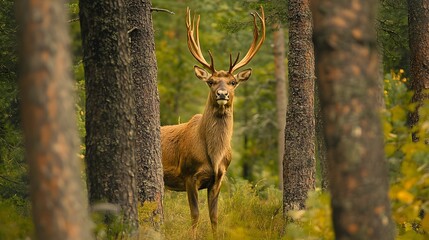 Reindeer looking peaceful as it stands among the trees of the forest