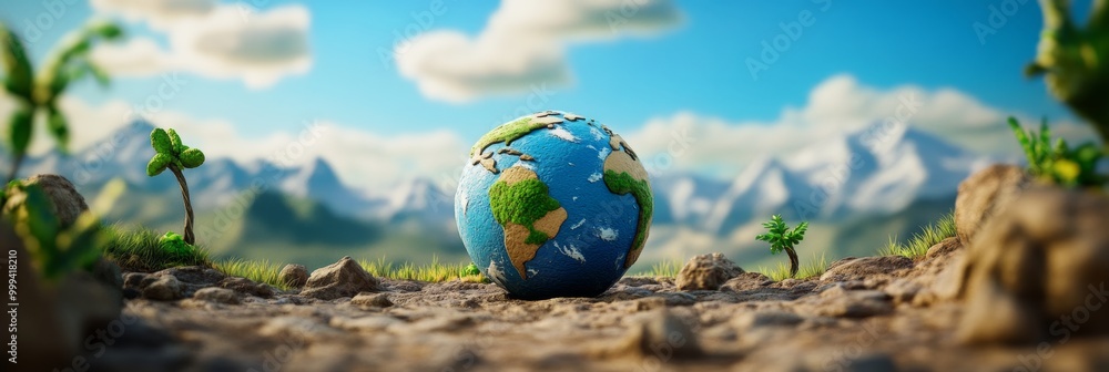 Poster a whimsical 3d design of earth with exaggerated features, showcasing a blend of realistic and cartoo
