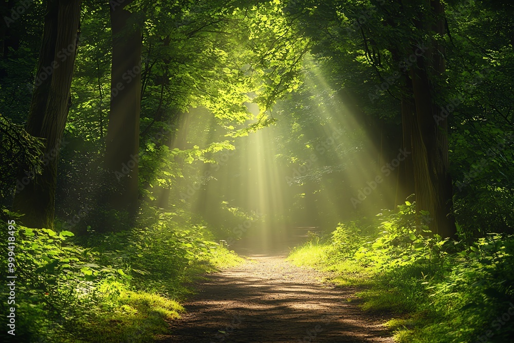 Poster sun rays shine through the trees onto a path in a lush forest.