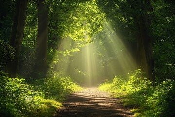 Obraz premium Sun rays shine through the trees onto a path in a lush forest.