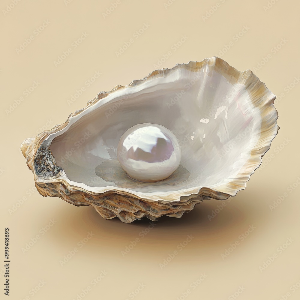 Poster an artistic rendering of a pearl inside an open oyster shell, emphasizing the lustrous surface of th