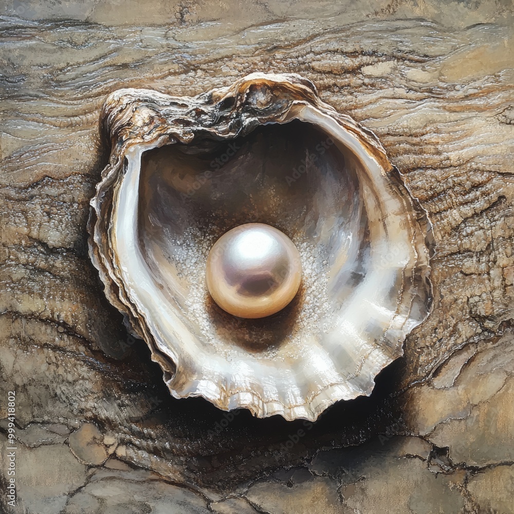 Poster an artistic rendering of a pearl inside an open oyster shell, emphasizing the lustrous surface of th