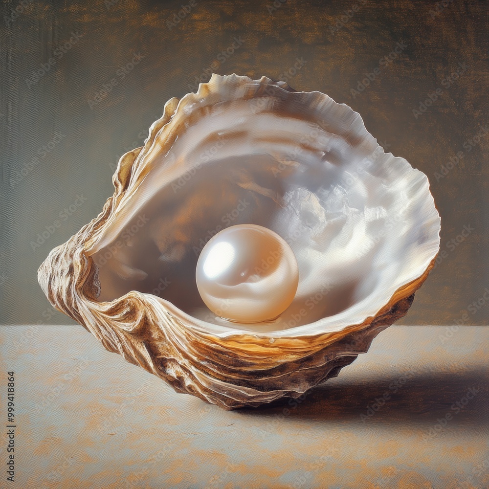 Poster an artistic rendering of a pearl inside an open oyster shell, emphasizing the lustrous surface of th