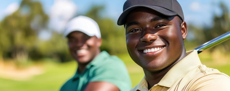 Golf instructor smiling while teaching a beginner how to swing, both enjoying the learning process   golf lesson, joyful learning