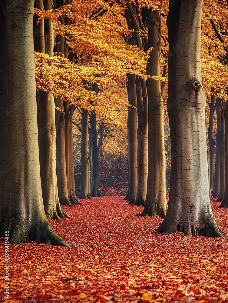 Poster a path through a forest with golden leaves on the trees and red leaves on the ground.