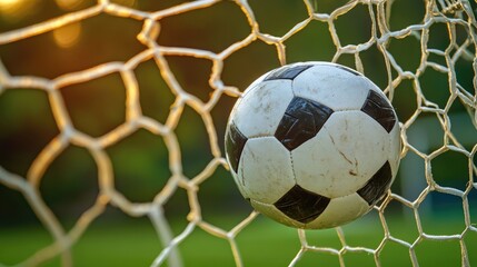A soccer ball resting in the back of a net, signifying a winning goal scored in the final moments of a game.