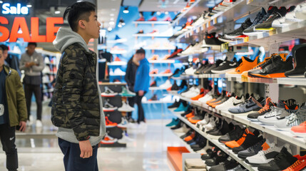 Obraz premium Black Friday Shoe Sale with Latest Designs in Modern Sneaker Store - Customers Trying on Footwear