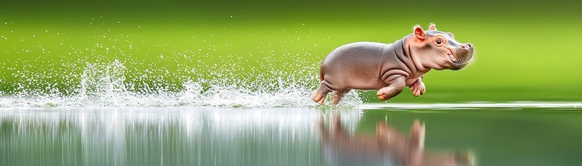 A joyful baby pygmy hippo caught in mid-air during a playful jump in a lush green meadow with ample copy space for messaging.