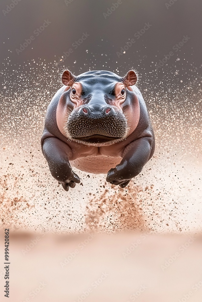 Poster the tiny pygmy hippo leaps mid-air in a playful pose, with a plain background, offering ample copy s