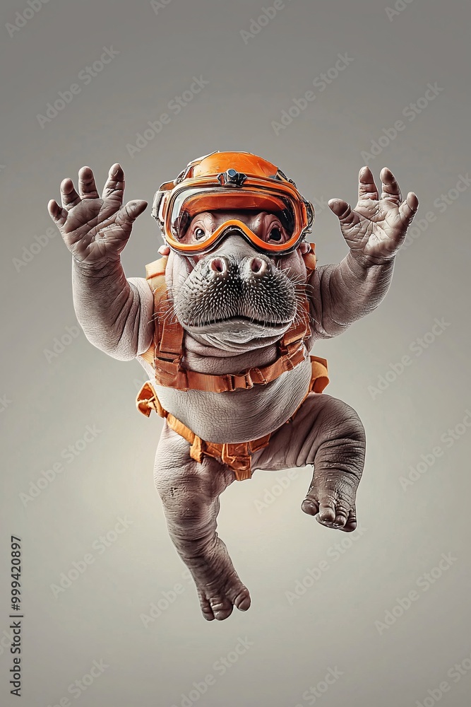 Poster The tiny pygmy hippo leaps mid-air in a playful pose, with a plain background, offering ample copy space for any design or text overlay.