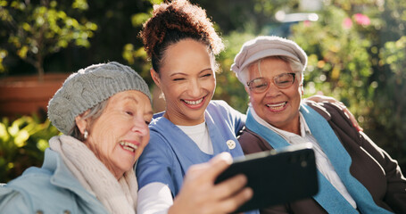 Caregiver, senior women and selfie for photography, social media or networking app in retirement....