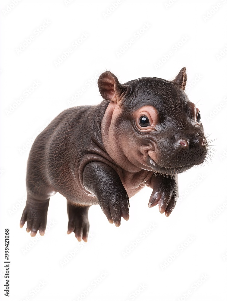 Poster a baby pygmy hippo joyfully captured mid-jump with its legs extended, set against a blank background