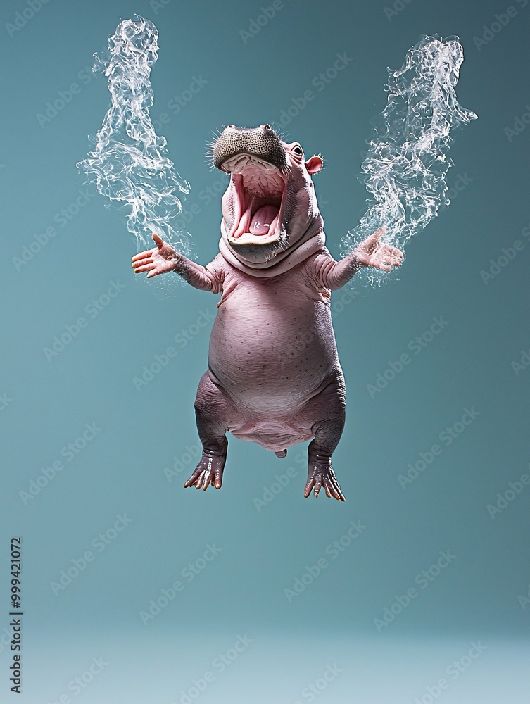 Poster a baby pygmy hippo joyfully captured mid-jump with its legs extended, set against a blank background