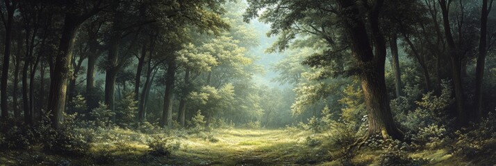 Obraz premium Expansive panorama of a lush mixed deciduous forest, vibrant foliage in sharp focus, gentle blur enhancing depth and tranquility