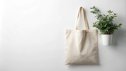 Minimalist Canvas Tote Bag and Green Plant Against White Wall Decor