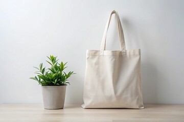 Minimalist Eco-Friendly Tote Bag and Potted Plant on Wooden Surface