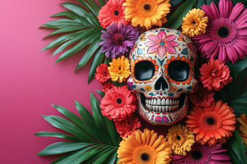 Colorful sugar skull and vibrant flowers in a festive and lively atmosphere for Dia de los Muertos celebration.