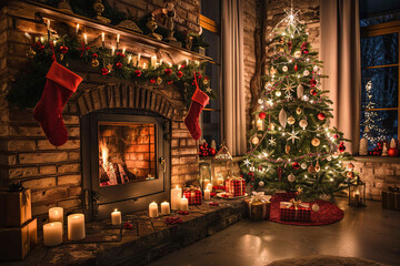 Christmas greeting card with bright winter holiday composition and New Year background