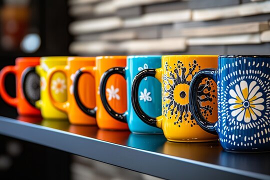 A row of colorful coffee mugs lined up on a shelf, each mug a different size and design, symbolizing personal coffee preferences and morning routines