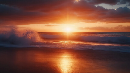 Obraz premium Golden sunset over the ocean with gentle waves and dramatic clouds in the evening sky