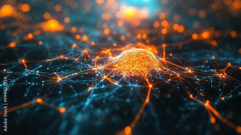 Poster abstract representation of a connected network with glowing nodes and strands at night
