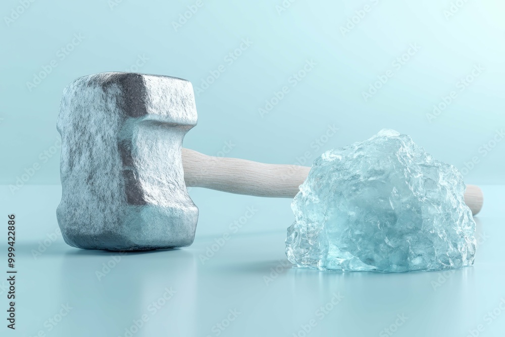 Poster a heavy hammer sits beside a small ice block with the potential for destruction implied by its place