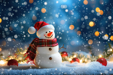 Christmas greeting card with bright winter holiday snowman and New Year background