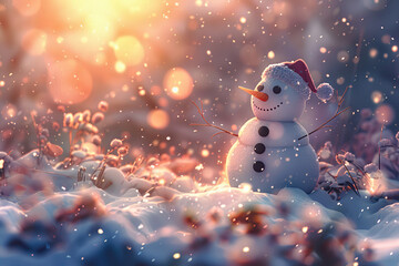 Obraz premium Christmas greeting card with bright winter holiday snowman and New Year background