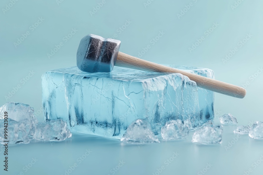Poster a hammer placed gently atop an ice block with faint cracks beginning to appear on the surface, captu