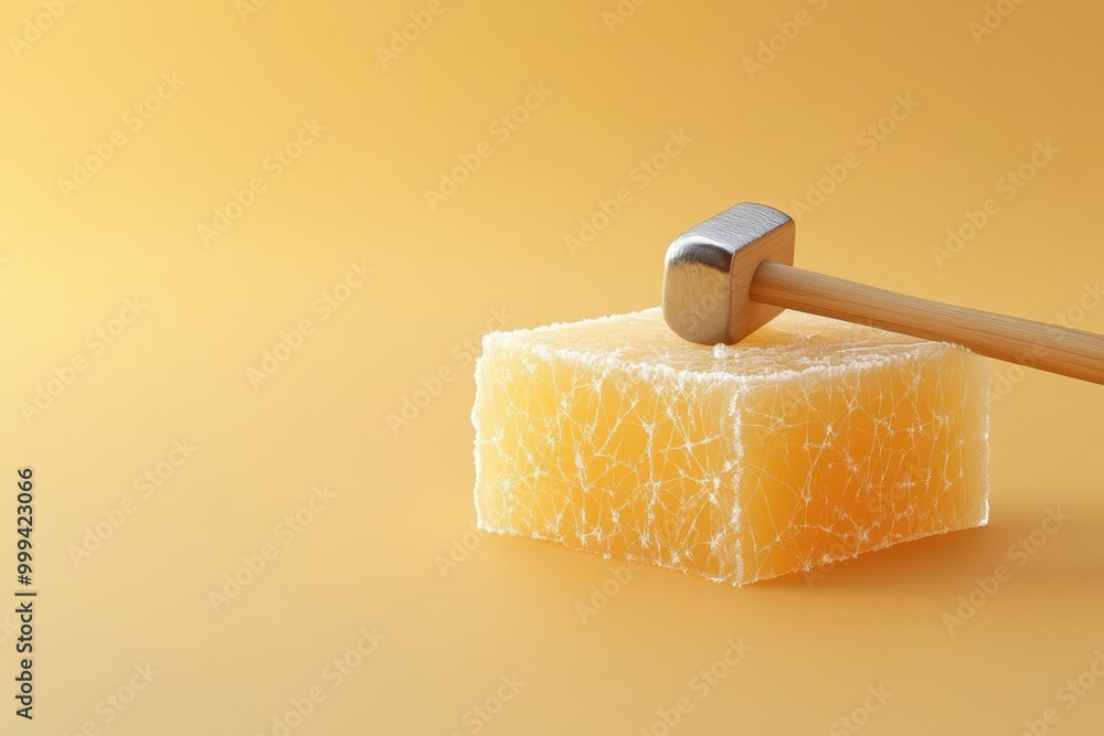 Poster a hammer placed gently atop an ice block with faint cracks beginning to appear on the surface, captu