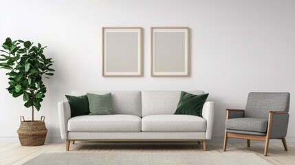 minimalist Scandinavian living room featuring white sofa adorned with green cushions, complemented by stylish armchair and potted plant, creates serene atmosphere. 