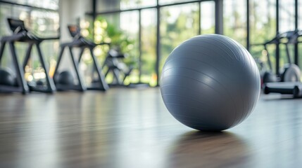 A yoga ball in a fitness studio, surrounded by workout equipment, representing health, balance, and exercise.