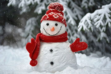 Obraz premium Christmas greeting card with bright winter holiday snowman and New Year background