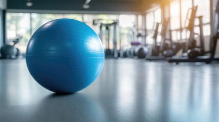 A yoga ball in a fitness studio, surrounded by workout equipment, representing health, balance, and exercise.