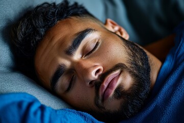 Close-up of a peaceful face in deep sleep, capturing every detail of relaxed muscles, soft breathing, and the texture of the pillow