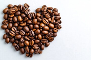Fototapeta premium Coffee beans arranged in the shape of a heart, symbolizing a love for coffee, set against a clean white background for a minimalist design